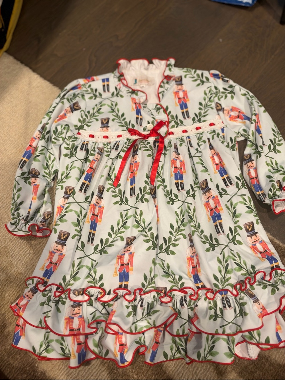 Boots & Bows Nutcracker Print Nightgown with Red Ribbon Trim